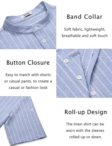 COOFANDY Men's Casual Henley Shirt Short Sleeve Band Collar Linen Shirt Summer Beach Hippie T-Shirts - 5