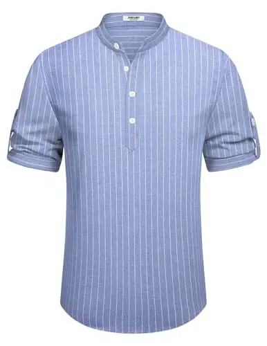 COOFANDY Men's Casual Henley Shirt Short Sleeve Band Collar Linen Shirt Summer Beach Hippie T-Shirts - 6