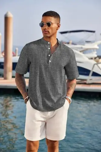 COOFANDY Men's Casual Henley Shirt Short Sleeve Linen Shirt Summer T-Shirts | Breathable Linen like texture, moisture-wicking, band collar, roll-up sleeves; easy match, great for beach, vacation & gifts - 2