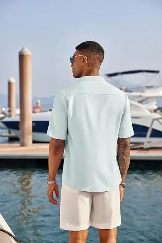 COOFANDY Men's Casual Henley Shirt Short Sleeve Linen Shirt Summer T-Shirts | Breathable Linen like texture, moisture-wicking, band collar, roll-up sleeves; easy match, great for beach, vacation & gifts - 3