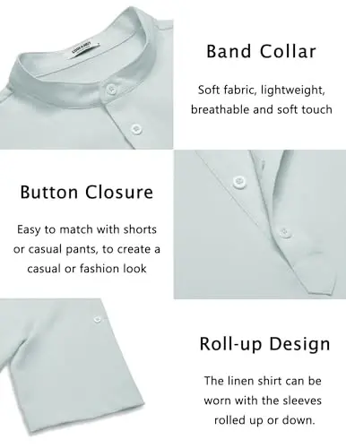 COOFANDY Men's Casual Henley Shirt Short Sleeve Linen Shirt Summer T-Shirts | Breathable Linen like texture, moisture-wicking, band collar, roll-up sleeves; easy match, great for beach, vacation & gifts - 6