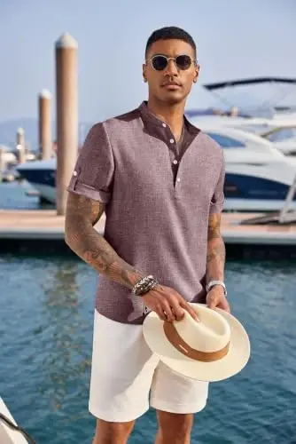 COOFANDY Men's Casual Henley Shirt Short Sleeve Linen Shirt Summer T-Shirts | Breathable Linen like texture, moisture-wicking, band collar, roll-up sleeves; easy match, great for beach, vacation & gifts - 2