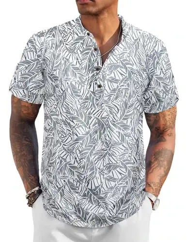 COOFANDY Men's Casual Henley Shirt Short Sleeve Linen Shirt Summer T-Shirts | Breathable Linen like texture, moisture-wicking, band collar, roll-up sleeves; easy match, great for beach, vacation & gifts 
