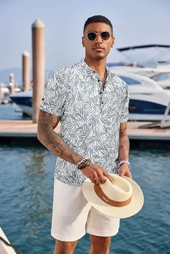COOFANDY Men's Casual Henley Shirt Short Sleeve Linen Shirt Summer T-Shirts | Breathable Linen like texture, moisture-wicking, band collar, roll-up sleeves; easy match, great for beach, vacation & gifts - COOFANDY (1)