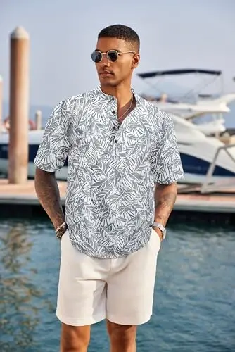 COOFANDY Men's Casual Henley Shirt Short Sleeve Linen Shirt Summer T-Shirts | Breathable Linen like texture, moisture-wicking, band collar, roll-up sleeves; easy match, great for beach, vacation & gifts - 4