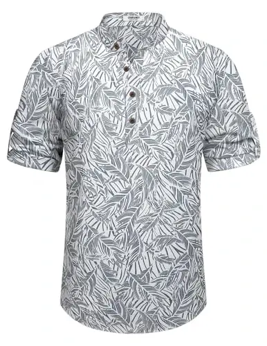 COOFANDY Men's Casual Henley Shirt Short Sleeve Linen Shirt Summer T-Shirts | Breathable Linen like texture, moisture-wicking, band collar, roll-up sleeves; easy match, great for beach, vacation & gifts - 6