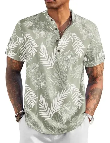 COOFANDY Men's Casual Henley Shirt Short Sleeve Linen Shirt Summer T-Shirts | Breathable Linen like texture, moisture-wicking, band collar, roll-up sleeves; easy match, great for beach, vacation & gifts 