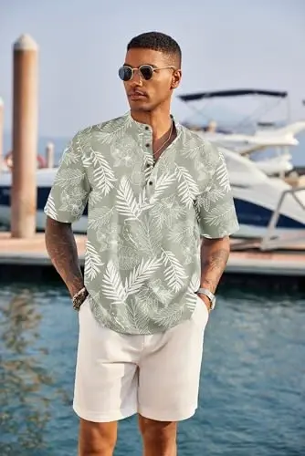 COOFANDY Men's Casual Henley Shirt Short Sleeve Linen Shirt Summer T-Shirts | Breathable Linen like texture, moisture-wicking, band collar, roll-up sleeves; easy match, great for beach, vacation & gifts - COOFANDY (1)