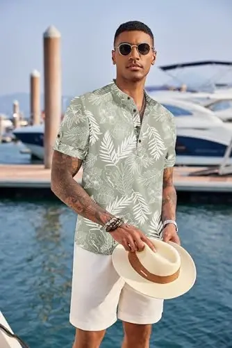 COOFANDY Men's Casual Henley Shirt Short Sleeve Linen Shirt Summer T-Shirts | Breathable Linen like texture, moisture-wicking, band collar, roll-up sleeves; easy match, great for beach, vacation & gifts - 4