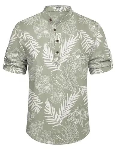 COOFANDY Men's Casual Henley Shirt Short Sleeve Linen Shirt Summer T-Shirts | Breathable Linen like texture, moisture-wicking, band collar, roll-up sleeves; easy match, great for beach, vacation & gifts - 6