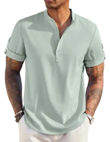COOFANDY Men's Casual Henley Shirt Short Sleeve Linen Shirt Summer T-Shirts | Breathable Linen like texture, moisture-wicking, band collar, roll-up sleeves; easy match, great for beach, vacation & gifts 