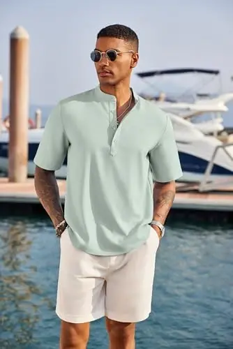 COOFANDY Men's Casual Henley Shirt Short Sleeve Linen Shirt Summer T-Shirts | Breathable Linen like texture, moisture-wicking, band collar, roll-up sleeves; easy match, great for beach, vacation & gifts - COOFANDY (1)