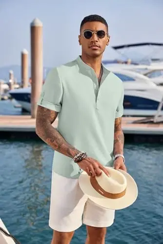 COOFANDY Men's Casual Henley Shirt Short Sleeve Linen Shirt Summer T-Shirts | Breathable Linen like texture, moisture-wicking, band collar, roll-up sleeves; easy match, great for beach, vacation & gifts - 3