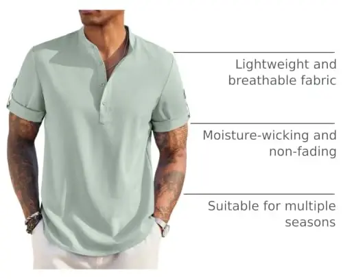COOFANDY Men's Casual Henley Shirt Short Sleeve Linen Shirt Summer T-Shirts | Breathable Linen like texture, moisture-wicking, band collar, roll-up sleeves; easy match, great for beach, vacation & gifts - 4