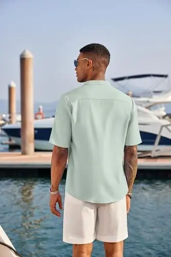 COOFANDY Men's Casual Henley Shirt Short Sleeve Linen Shirt Summer T-Shirts | Breathable Linen like texture, moisture-wicking, band collar, roll-up sleeves; easy match, great for beach, vacation & gifts - 5