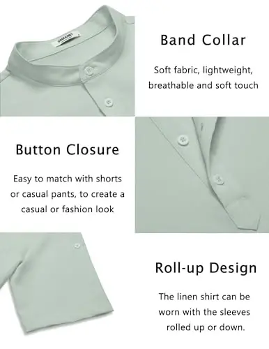 COOFANDY Men's Casual Henley Shirt Short Sleeve Linen Shirt Summer T-Shirts | Breathable Linen like texture, moisture-wicking, band collar, roll-up sleeves; easy match, great for beach, vacation & gifts - 6
