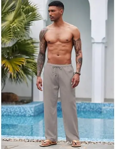 COOFANDY Mens Casual Linen Pants Elastic Waist Linen Pants Drawstring Summer Beach Yoga Linen Trouser - 3