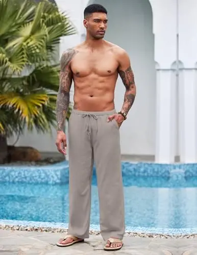 COOFANDY Mens Casual Linen Pants Elastic Waist Linen Pants Drawstring Summer Beach Yoga Linen Trouser - 4
