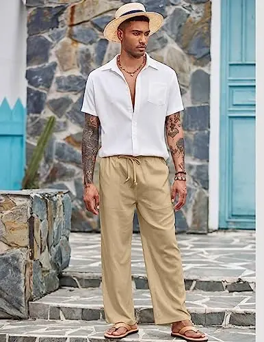 COOFANDY Mens Casual Linen Pants Elastic Waist Linen Pants Drawstring Summer Beach Yoga Linen Trouser - 3