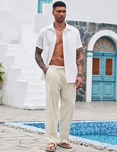COOFANDY Mens Casual Linen Pants Elastic Waist Linen Pants Drawstring Summer Beach Yoga Linen Trouser - 5