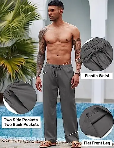 COOFANDY Mens Casual Linen Pants Elastic Waist Linen Pants Drawstring Summer Beach Yoga Linen Trouser - 4