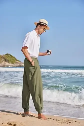 COOFANDY Mens Casual Linen Pants Elastic Waist Linen Pants Drawstring Summer Beach Yoga Linen Trouser - 3