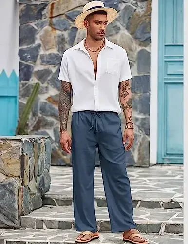 COOFANDY Mens Casual Linen Pants Elastic Waist Linen Pants Drawstring Summer Beach Yoga Linen Trouser - 3