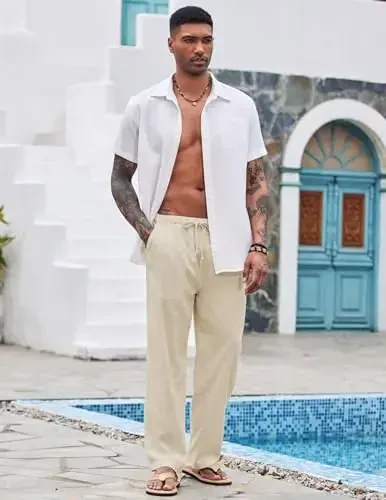 COOFANDY Mens Casual Linen Pants Elastic Waist Linen Pants Drawstring Summer Beach Yoga Linen Trouser - COOFANDY