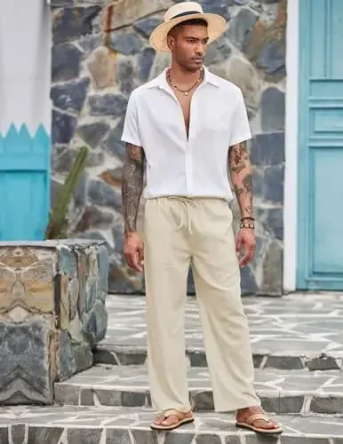 COOFANDY Mens Casual Linen Pants Elastic Waist Linen Pants Drawstring Summer Beach Yoga Linen Trouser - COOFANDY (1)