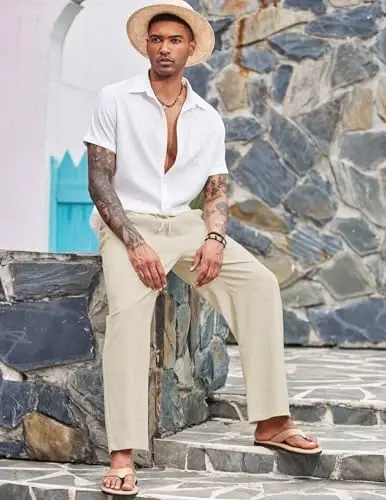 COOFANDY Mens Casual Linen Pants Elastic Waist Linen Pants Drawstring Summer Beach Yoga Linen Trouser - 3