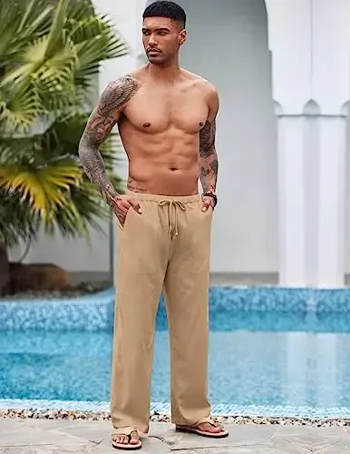 COOFANDY Mens Casual Linen Pants Elastic Waist Linen Pants Drawstring Summer Beach Yoga Linen Trouser - COOFANDY (1)