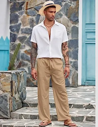 COOFANDY Mens Casual Linen Pants Elastic Waist Linen Pants Drawstring Summer Beach Yoga Linen Trouser - 3