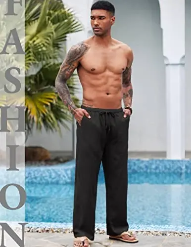 COOFANDY Mens Casual Linen Pants Elastic Waist Linen Pants Drawstring Summer Beach Yoga Linen Trouser - 3