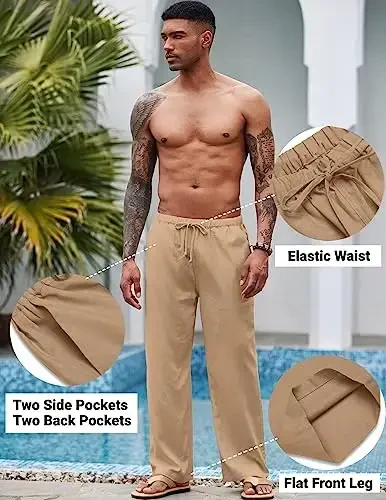 COOFANDY Mens Casual Linen Shimlar Elastik Bel Shimlar Ipli Yozgi Plaj Yoga Shim - 4