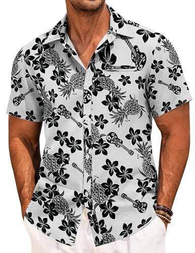 COOFANDY Mens Casual Linen Shirt Short Sleeve Button Down Shirt Summer Beach Hawaiian Shirts - 1