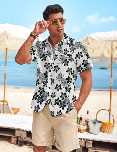 COOFANDY Mens Casual Linen Shirt Short Sleeve Button Down Shirt Summer Beach Hawaiian Shirts - 2