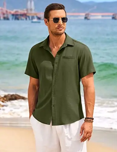 COOFANDY Mens Casual Linen Shirt Short Sleeve Button Down Shirt Summer Beach Hawaiian Shirts - 2