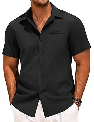 COOFANDY Mens Casual Linen Shirt Short Sleeve Button Down Shirt Summer Beach Hawaiian Shirts 