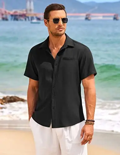 COOFANDY Mens Casual Linen Shirt Short Sleeve Button Down Shirt Summer Beach Hawaiian Shirts - MODAZONE (1)
