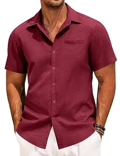 COOFANDY Mens Casual Linen Shirt Short Sleeve Button Down Shirt Summer Beach Hawaiian Shirts - 1
