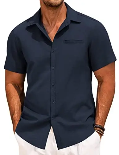 COOFANDY Mens Casual Linen Shirt Short Sleeve Button Down Shirt Summer Beach Hawaiian Shirts 