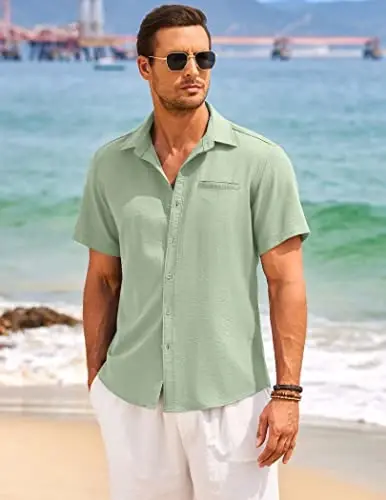COOFANDY Mens Casual Linen Shirt Short Sleeve Button Down Shirt Summer Beach Hawaiian Shirts - COOFANDY (1)