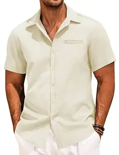 COOFANDY Mens Casual Linen Shirt Short Sleeve Button Down Shirt Summer Beach Hawaiian Shirts - COOFANDY