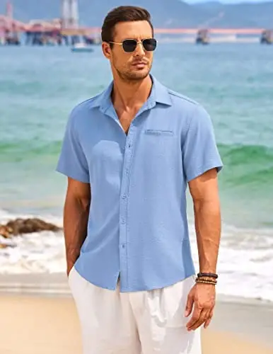COOFANDY Mens Casual Linen Shirt Short Sleeve Button Down Shirt Summer Beach Hawaiian Shirts - COOFANDY (1)