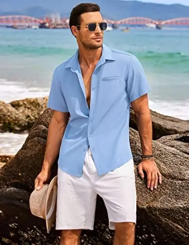 COOFANDY Mens Casual Linen Shirt Short Sleeve Button Down Shirt Summer Beach Hawaiian Shirts - 3