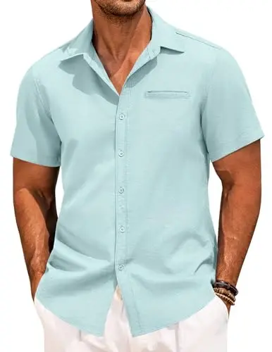COOFANDY Mens Casual Linen Shirt Short Sleeve Button Down Shirt Summer Beach Hawaiian Shirts 