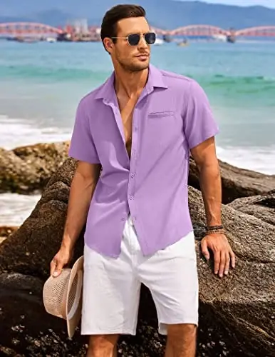 COOFANDY Mens Casual Linen Shirt Short Sleeve Button Down Shirt Summer Beach Hawaiian Shirts - COOFANDY (1)