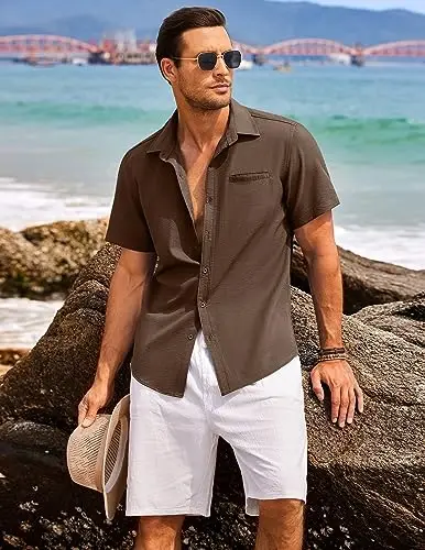 COOFANDY Mens Casual Linen Shirt Short Sleeve Button Down Shirt Summer Beach Hawaiian Shirts - 3