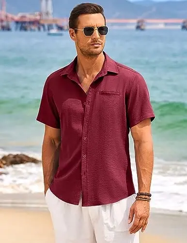 COOFANDY Mens Casual Linen Shirt Short Sleeve Button Down Shirt Summer Beach Hawaiian Shirts - 2