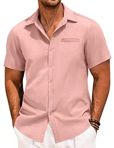 COOFANDY Mens Casual Linen Shirt Short Sleeve Button Down Shirt Summer Beach Hawaiian Shirts 